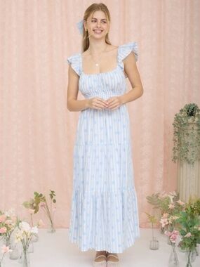 Stripe Floral Flounce Strap Tiered Midi Dress